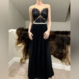 Custom Made Elegant Black Floral Lace Pleated Gown with Beaded & Sequins